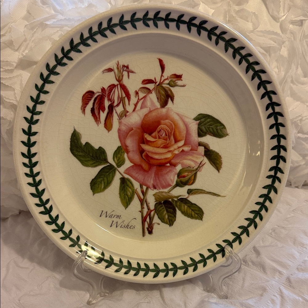 Portmeirion Plate with Pink Rose and Green Leaves